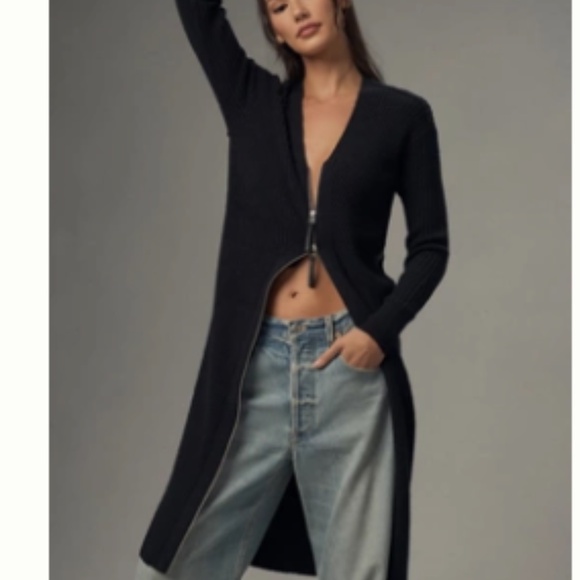 PILCRO FAUX LEATHER-TRIMMED DUSTER CARDIGAN SWEATER - Picture 1 of 4